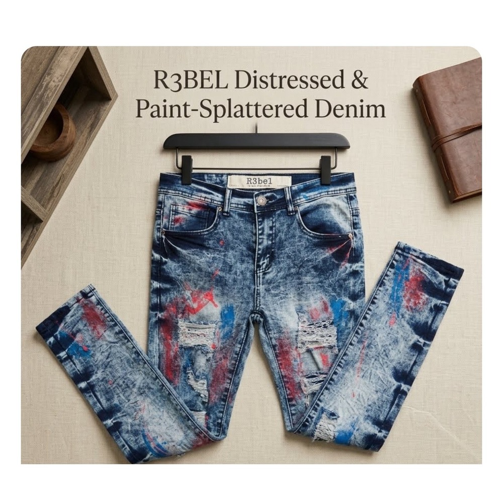 R3bel Mens Skinny Distressed Paint Splatter Acid Wash Denim Jeans 30x32 Blue
